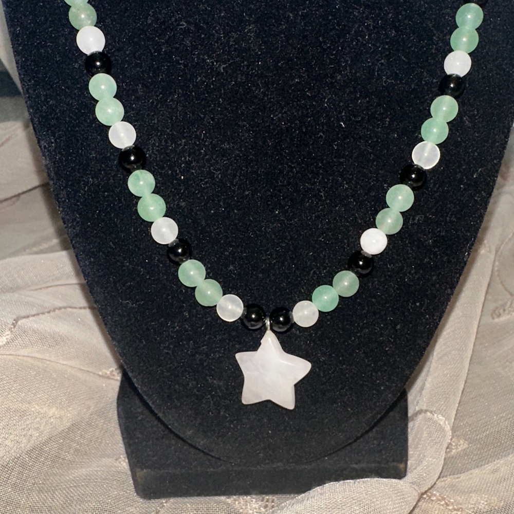 White Quartz Star Necklace(Black Obsidian, Quartz and Green Aventurine)